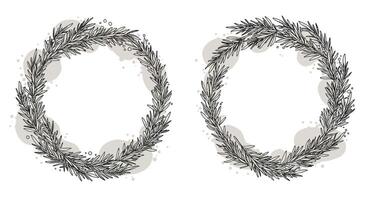 Two hand-drawn botanical wreaths with detailed leaf branches in monochrome style minimal illustration vector