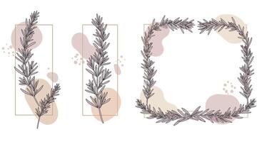 Delicate hand-drawn botanical sprigs and square floral frame with minimal beige tones in elegant flat illustration vector
