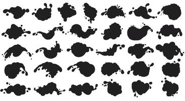 Collection of various black ink splatters and stains in flat design style isolated on white background illustration vector