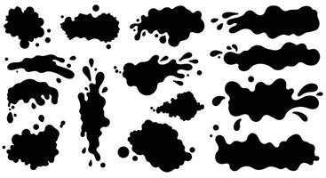 Collection of black abstract ink splatters and paint blots in flat design style art vector