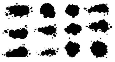 Set of black ink splatters with irregular shapes and scattered droplets in minimal flat design art vector