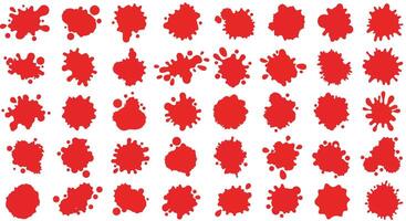 Red paint splatter collection in flat design style showcasing various shapes and sizes with dynamic irregular edges art vector