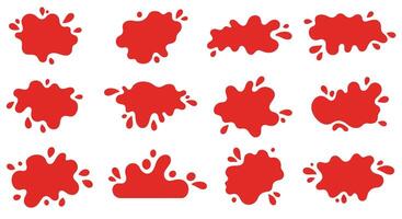 Red paint splatters collection in flat design style featuring various irregular shapes and sizes with scattered droplets art vector