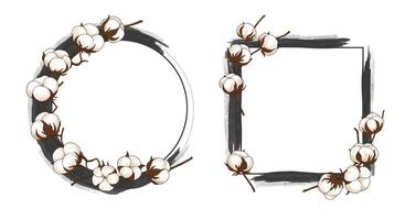 Cotton branch decorative frames with minimal brushstroke design in neutral colors flat style illustration vector