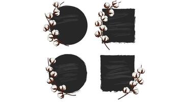 Cotton flower branches with black textured circle and square frames minimal flat design illustration vector