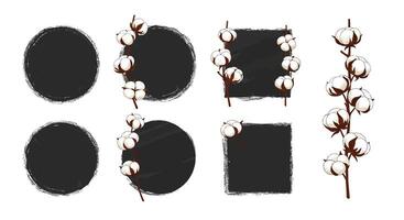 Cotton plant branches with black textured round and square shapes in minimal flat style illustration vector