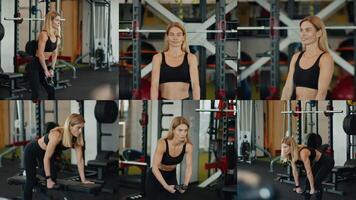 A determined woman engages in various weight training exercises at a well-equipped gym. She focuses on building strength through multiple movements, showcasing her commitment to fitness. video