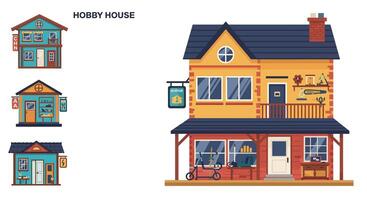 Detailed hobby house with workshop and garden tools flat design illustration showing a two-story home with various hobby setups and equipment on the porch and balcony vector