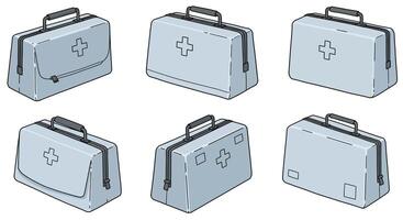 Medical first aid kits in various angles with simple flat design and light blue tones illustration vector