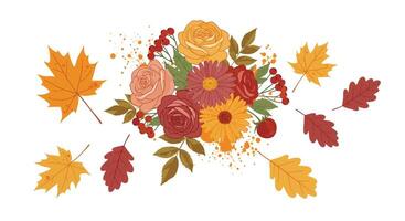 Autumn floral bouquet with colorful fall leaves in flat detailed style illustration vector