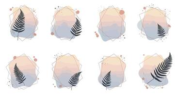 Monochrome fern leaf silhouettes with abstract pastel shapes and textured brush strokes in minimal flat illustration vector