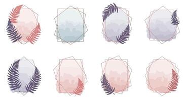 Abstract geometric frames with pastel mountain landscapes and fern leaves in minimal soft color flat art vector