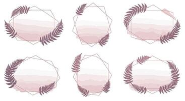 Set of six minimal pink and beige geometric frames with delicate fern leaves in flat design art vector