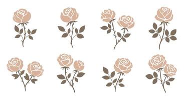 Delicate beige roses with green leaves in minimal flat design arranged in seamless pattern illustration vector