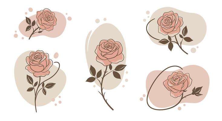 Delicate pink roses with brown leaves in minimal flat design style on soft neutral backgrounds illustration