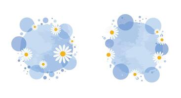 Abstract floral composition with white daisies and blue circular shapes in minimal flat style art vector