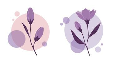 Minimalist purple floral sprigs with abstract circular backgrounds flat design illustration vector