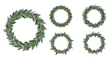 Five green leafy wreaths in various circular and square shapes with natural flat design style illustration vector