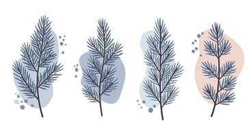 Set of four delicate pine branch silhouettes with soft abstract backgrounds in minimal flat design illustration vector