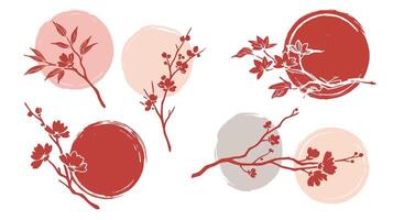 Red and beige floral branches with circular shapes in minimal flat design illustration vector
