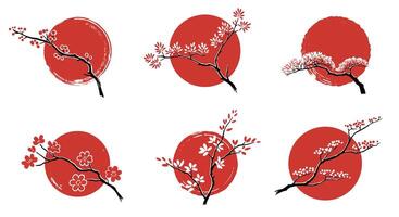 Cherry blossom branches in front of red sun circles with minimalist flat design style illustration vector