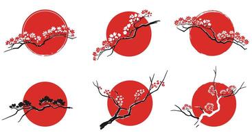 Cherry blossom branches with red sun circle flat design minimal illustration showing floral nature elements and elegant Japanese style vector