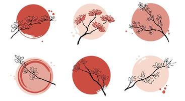 Minimalist floral branches with red and beige circular backgrounds in flat style illustration vector
