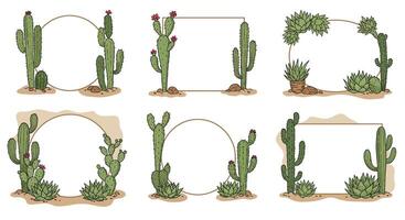 Cactus and succulent desert plants arranged in flat minimal geometric frame designs illustration vector
