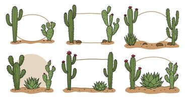 Various green cactus plants with flowers and desert sand in minimal flat style desert frames and borders illustration vector