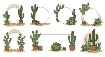Various cactus plants in pots and natural settings with minimal flat design style showing diverse shapes and small red flowers illustration vector