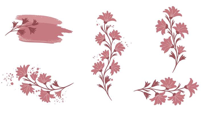 Decorative pink floral branches with detailed leaves and brush stroke accents in elegant flat design illustration