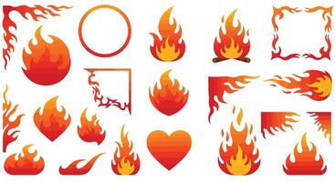 Various stylized fire flames and borders in flat bright orange and red colors with simple shapes illustration vector
