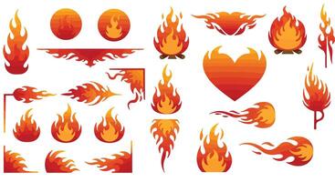 Various stylized orange and red flames and fire shapes in flat design set with dynamic motion elements art vector