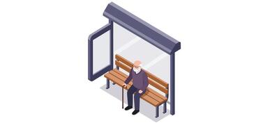 Elderly man sitting alone on wooden bench at modern bus stop shelter minimal isometric flat illustration vector