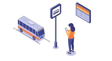 Woman waiting at bus stop using smartphone in minimal isometric style with urban transportation elements illustration vector
