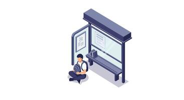 Young man sitting alone at bus stop shelter reading book in minimal isometric style illustration vector