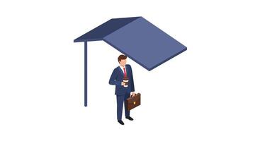 Businessman standing under blue umbrella sheltering from rain in minimal flat style illustration vector