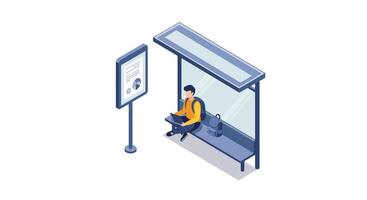 Young man waiting at modern bus stop shelter with digital timetable in minimal flat design illustration vector