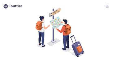 Two travelers reading map near signpost with suitcase wearing backpacks in minimal flat style illustration vector