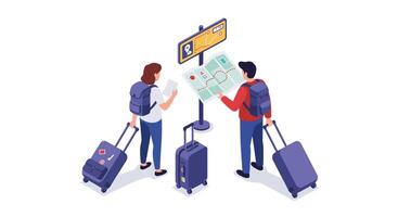 Two travelers with backpacks and rolling suitcases checking flight information at airport terminal flat design illustration vector