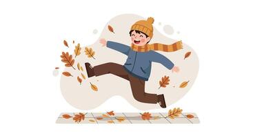 Young boy in winter clothes joyfully jumping through autumn leaves in flat colorful style illustration vector