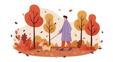 Man walking small dog through autumn park with colorful trees and falling leaves in flat style illustration vector