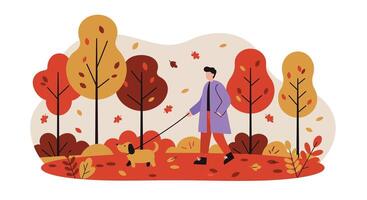 Man walking dog in autumn park surrounded by colorful trees flat design illustration vector