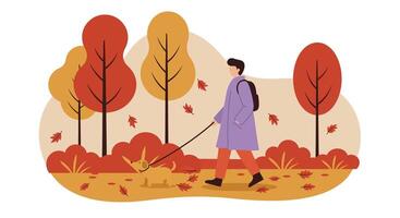 Person walking dog on autumn trail with colorful trees and falling leaves flat minimal illustration vector