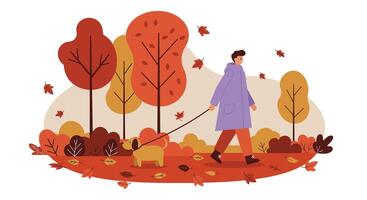 Man walking small dog in autumn park with colorful trees and falling leaves flat design illustration vector