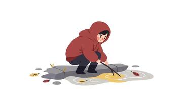 Child wearing red hoodie crouching on icy pond while fishing with stick in minimal flat illustration vector
