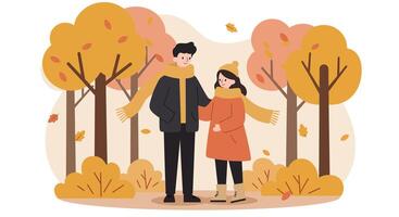 Young couple walking in autumn forest with colorful trees and falling leaves flat minimal illustration vector
