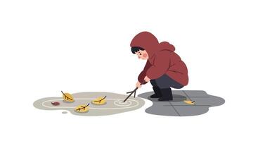 Child in warm jacket playing with stick in puddle surrounded by autumn leaves flat minimal illustration vector