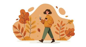 Young woman walking with coffee cup in autumn park flat minimal illustration vector