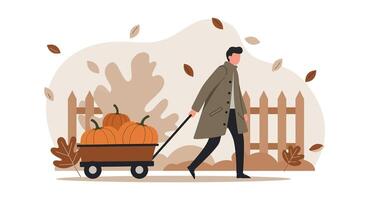 Man in trench coat pulling wagon full of pumpkins in autumn setting with falling leaves flat design illustration vector